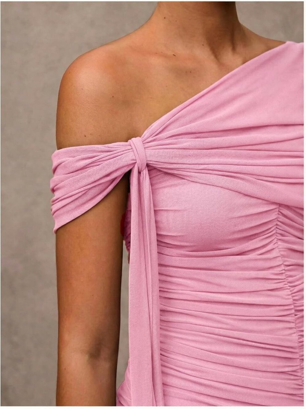 Women's Pink Statement Off Shoulder Ruched Mesh Formal Corset Dress - Picture 7 of 7